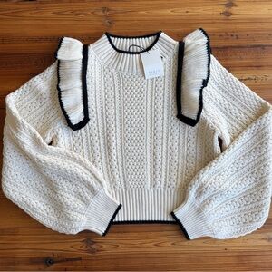 Mable Maddie Sweater Cream Black Coquette Ruffle Cable Knit Size Small